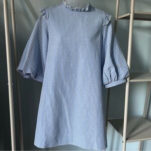 Vera & Lucy Blue and White Gingham Babydoll Women's Dress with Puff Sleeves